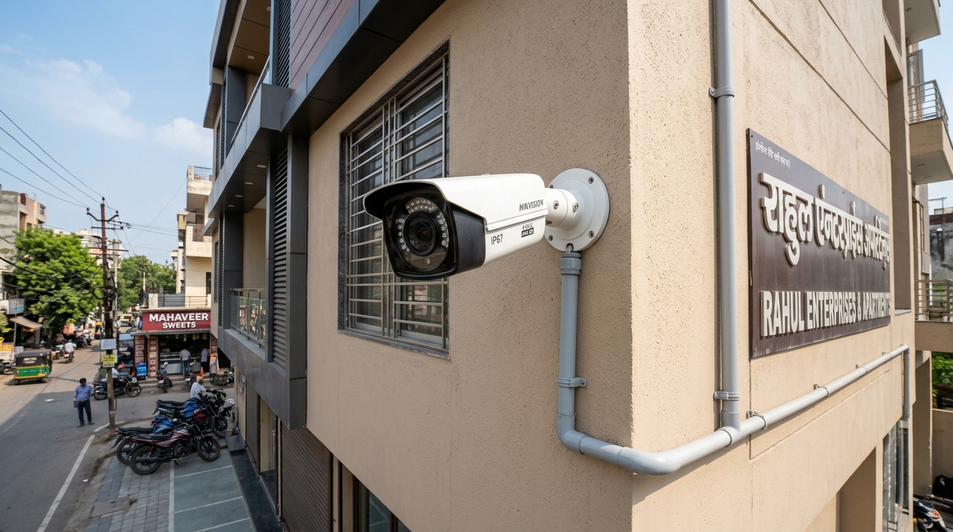 Outdoor CCTV camera installation on building wall in Lucknow with conduit piping